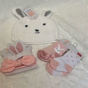 Baby girl Easter headband set socks & knit bunny hat NEW